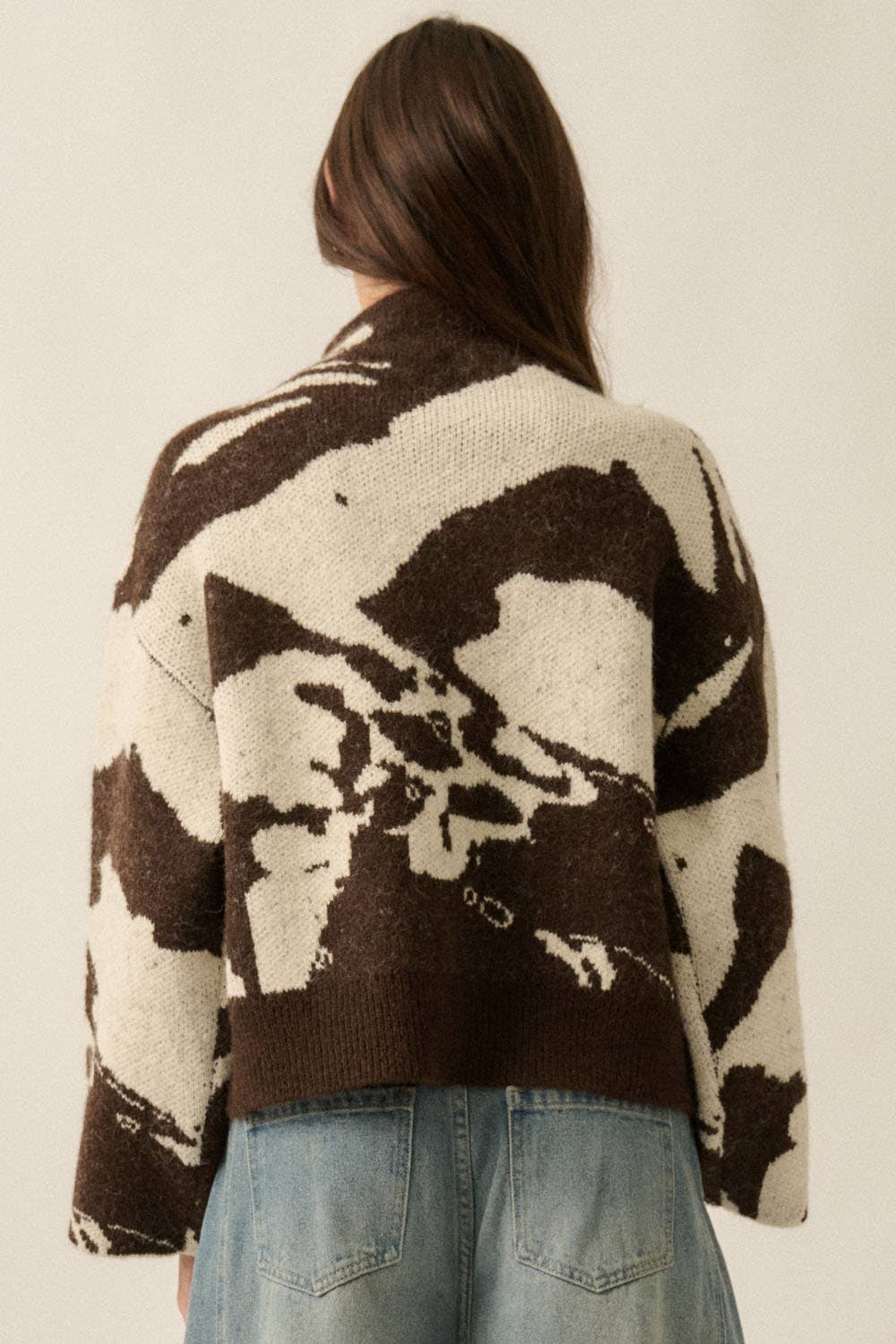 Jacquard-Knit High-Collar Sweater Jacket
