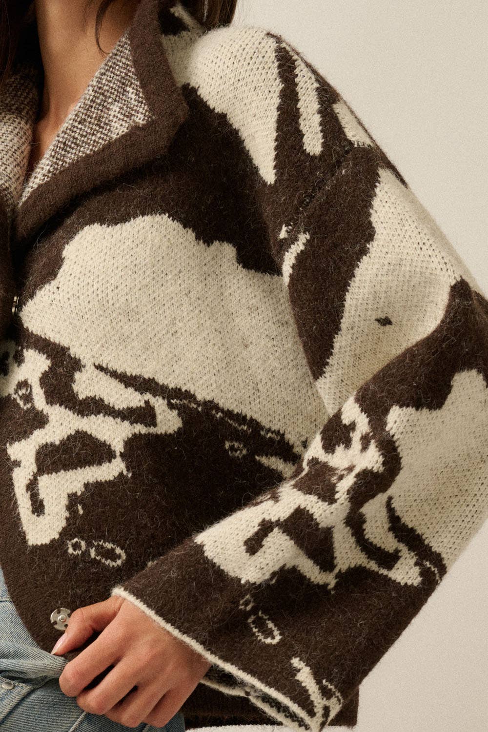 Jacquard-Knit High-Collar Sweater Jacket