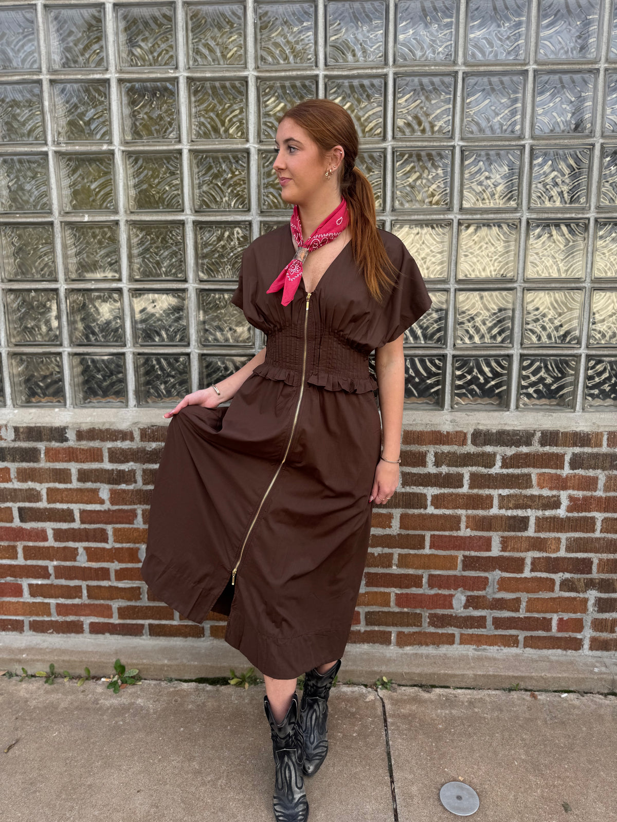 Brown Derby Zip Dress